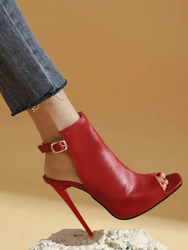 Buckle Peep-Toe Panel Detail Microfiber Heeled Sandals