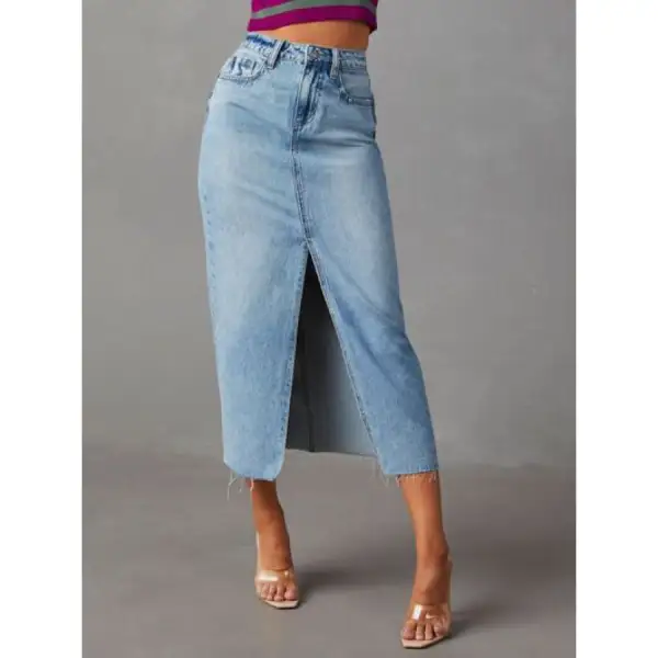 Raw Hem Front Slit Denim Midi Skirt