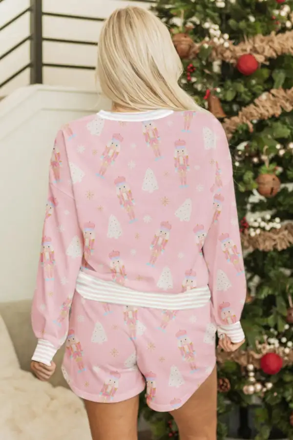 Women's Christmas Tree Nutcracker Doll Print Contrast Trim Long Sleeve Top Matching Shorts Set