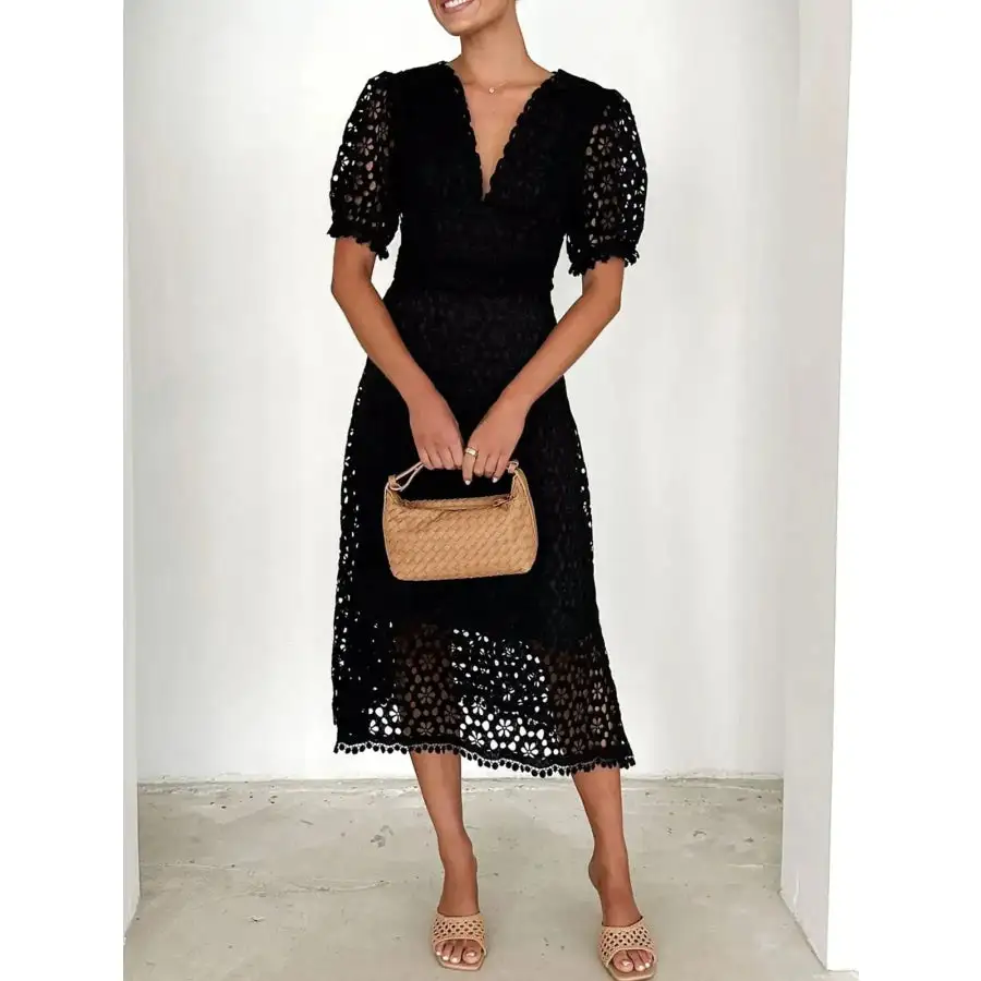 Eyelet Lace V-Neck Midi Dress with Puff Sleeves