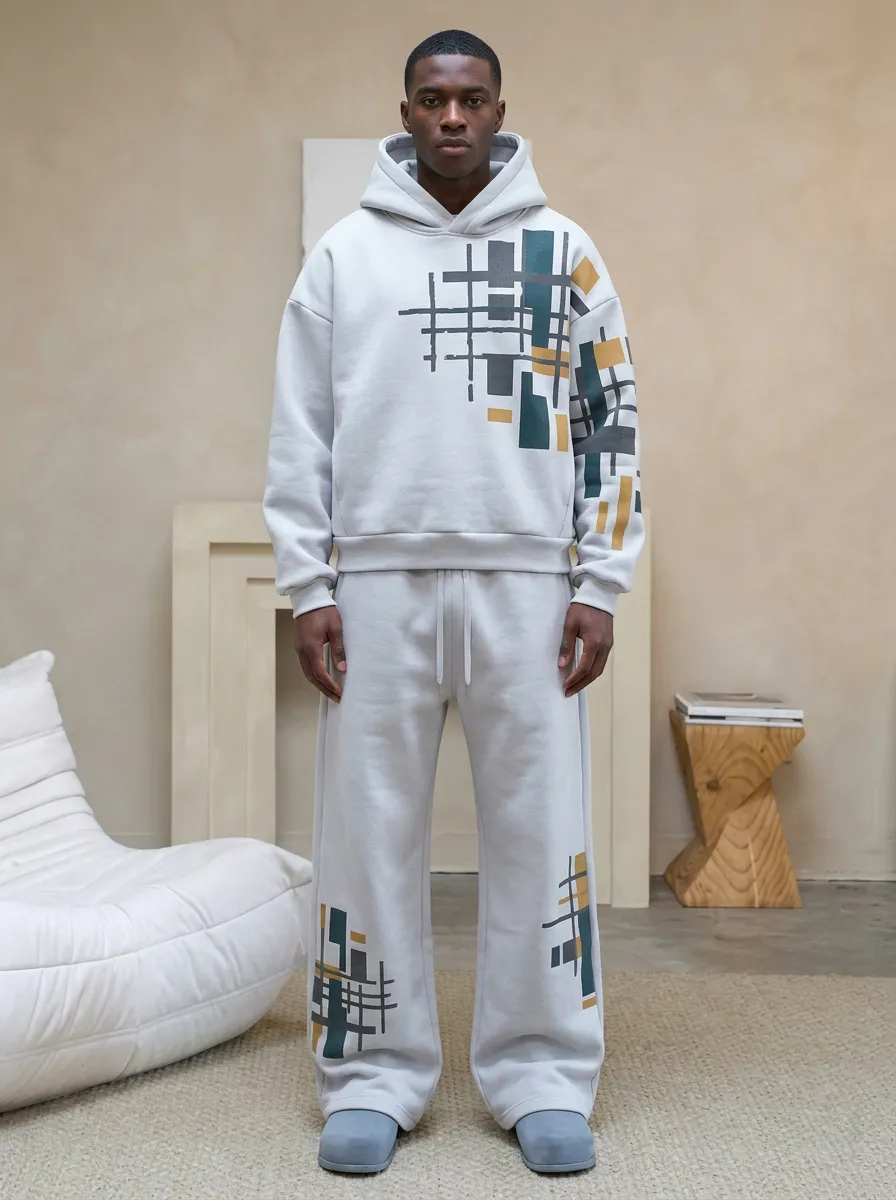 Men's Abstract Geometric Grid Printed Hoodie Sweatsuit