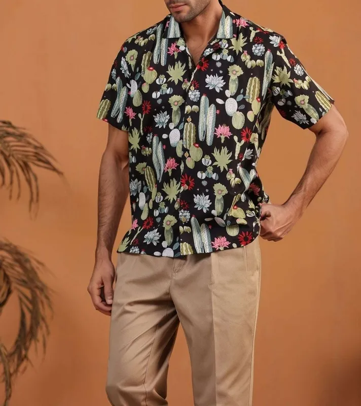 Black Cactus Mulmul Cotton Camp Collar Shirt