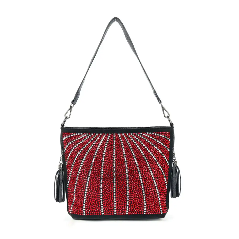 Classic Detail Crystal Accent Tassel Accent Chain Accent Faux Leather Crossbody Bag