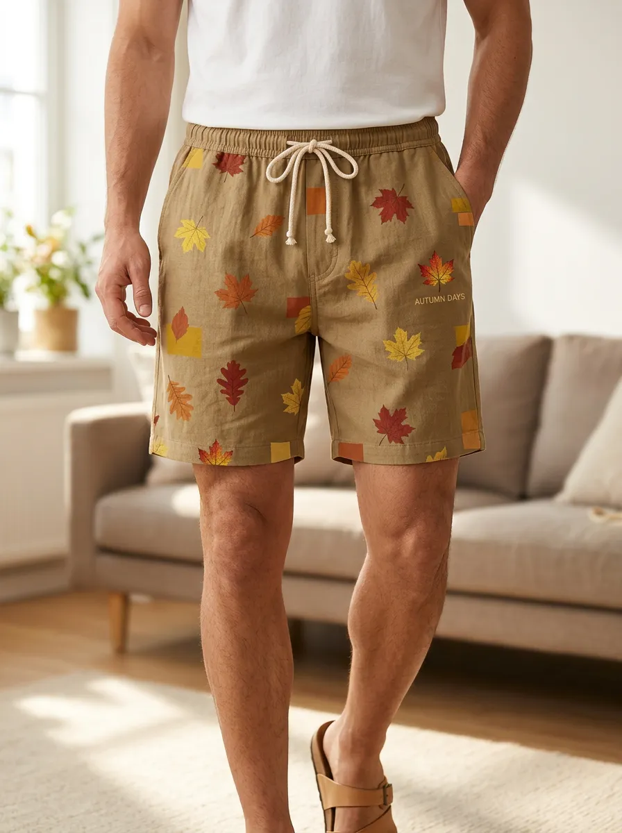 Leaf Print Drawstring Drawstring Shorts