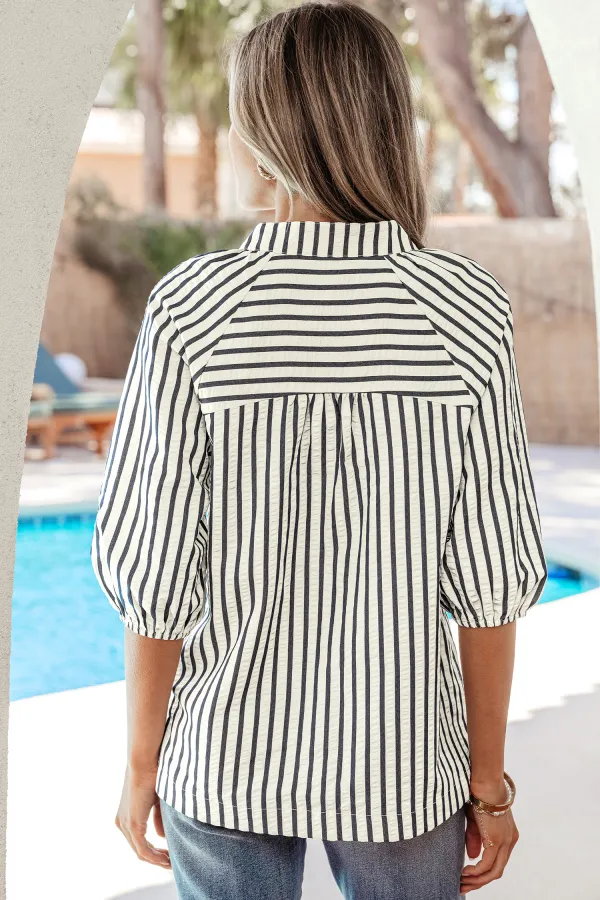 Blue Stripe Floral Embroidered Detail Blouse