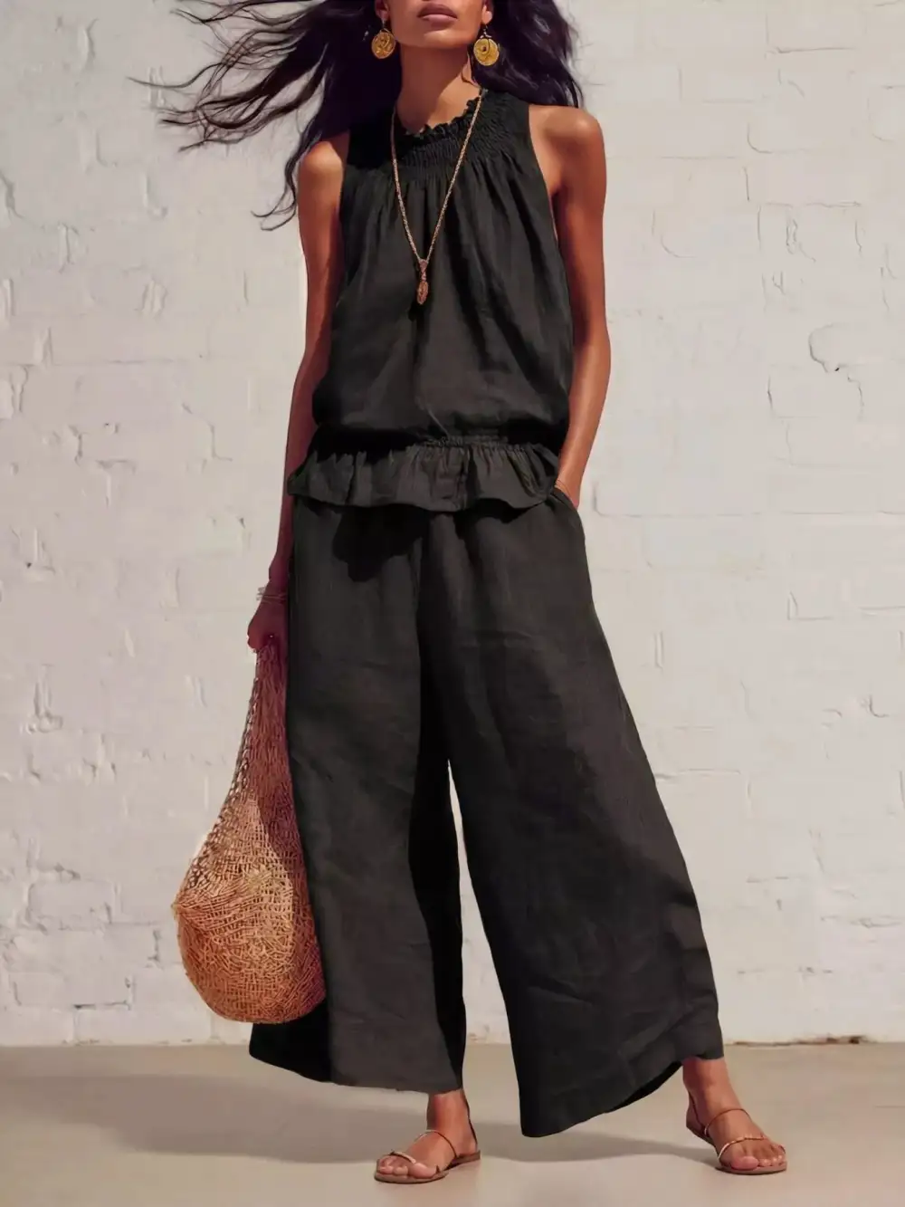 Smocked Ruffled Hem Top and Wide Leg Pants Set