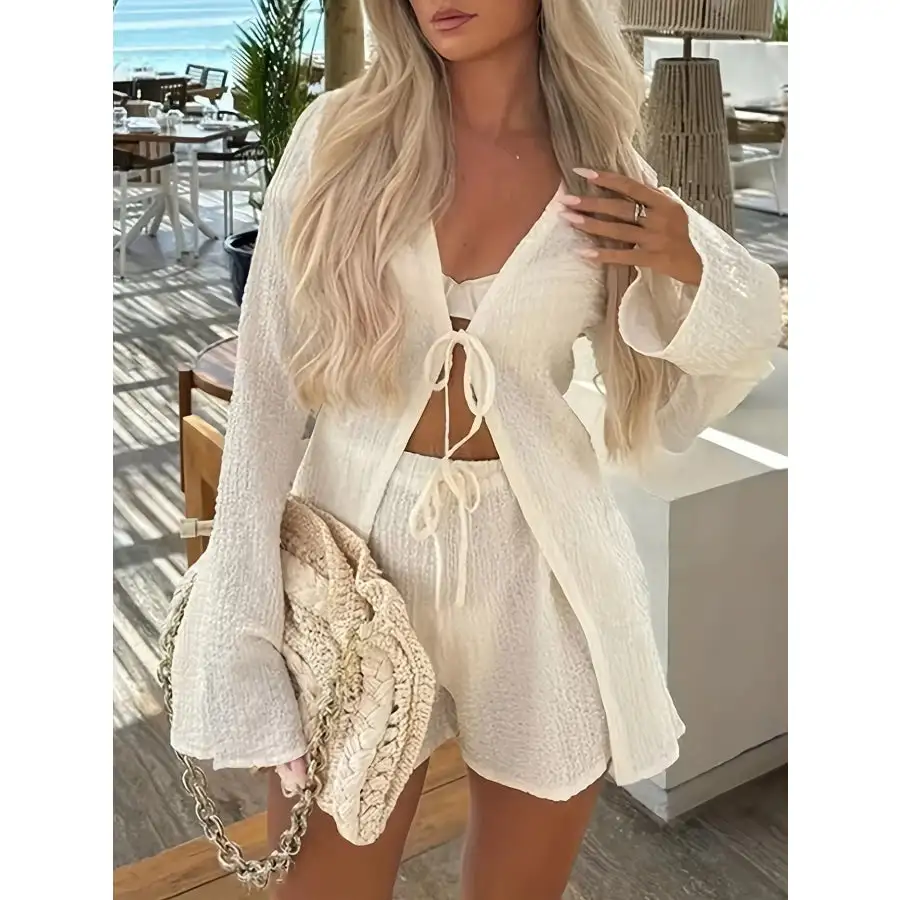 Tie Front Long Sleeve Top and Shorts Set