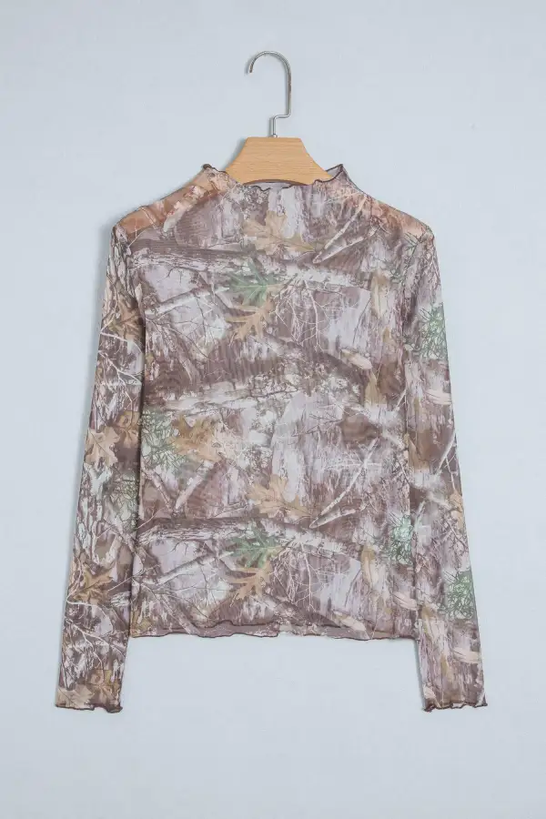 Refined Camouflage Print Mesh Stretch Fabric Long Sleeve Top