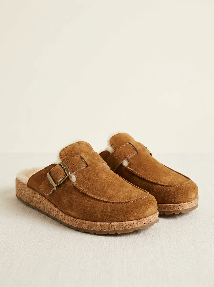 Women's Utility Faux Fur Lined Buckle Detail Suede Wood Sole Loafers