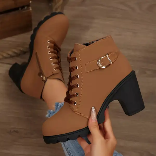 Textured Lace-Up Block Heel Boots