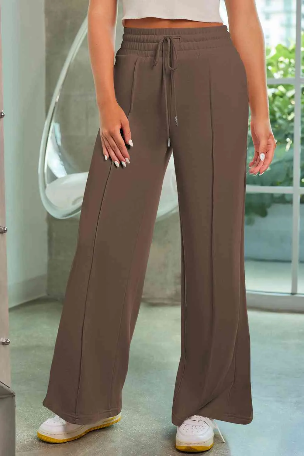 Polished Drawstring Wide Leg Pants With Pocket