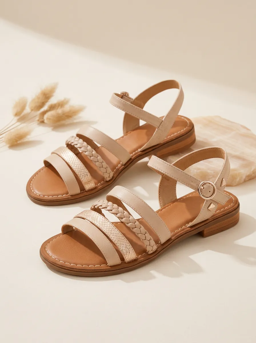 Women's Beige Braided Strap Buckle Flat Sandals