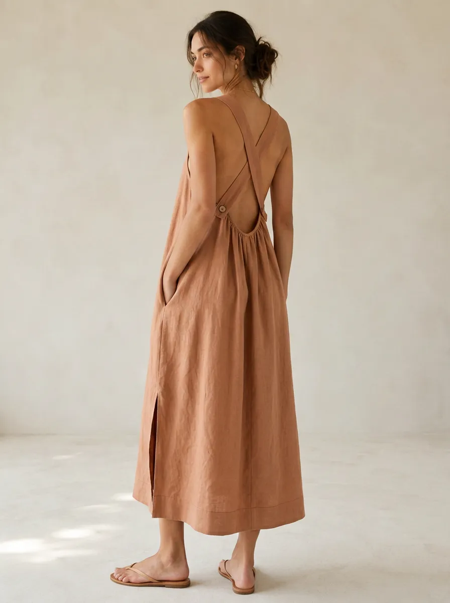 Women's Boho Cross-Back Linen Midi Backless Dress