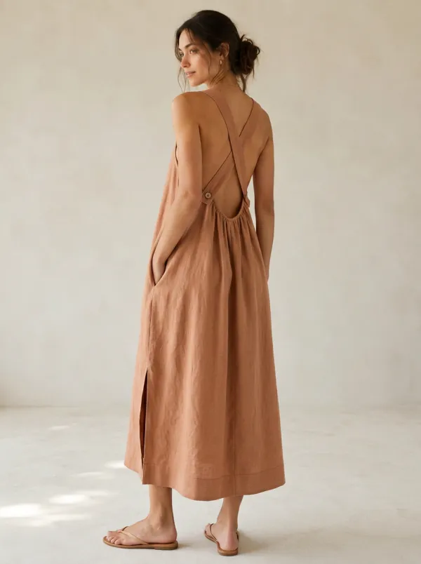 Women's Boho Cross-Back Linen Midi Backless Dress