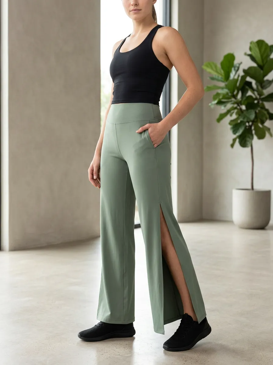 Women's Pocket Effortless Motion Wide Leg Slit Sport Pants