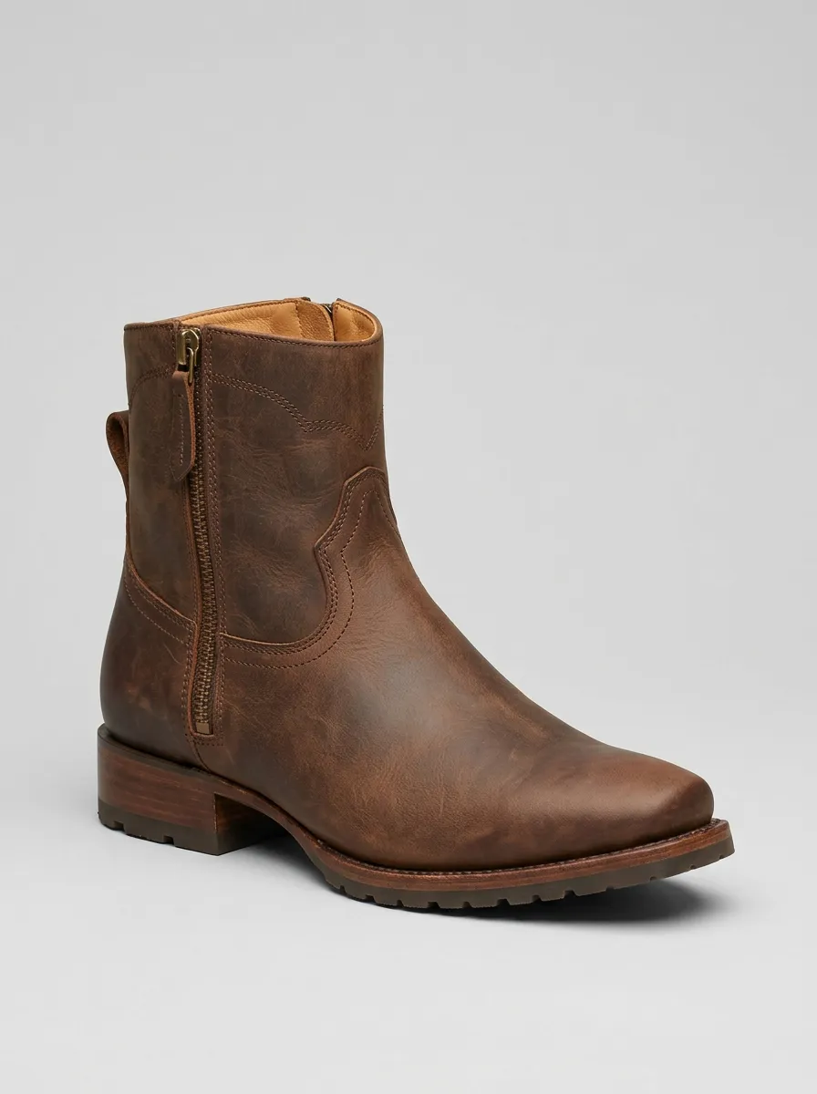 Men's Western Cowboy Brown Leather Zippered Ankle Boots
