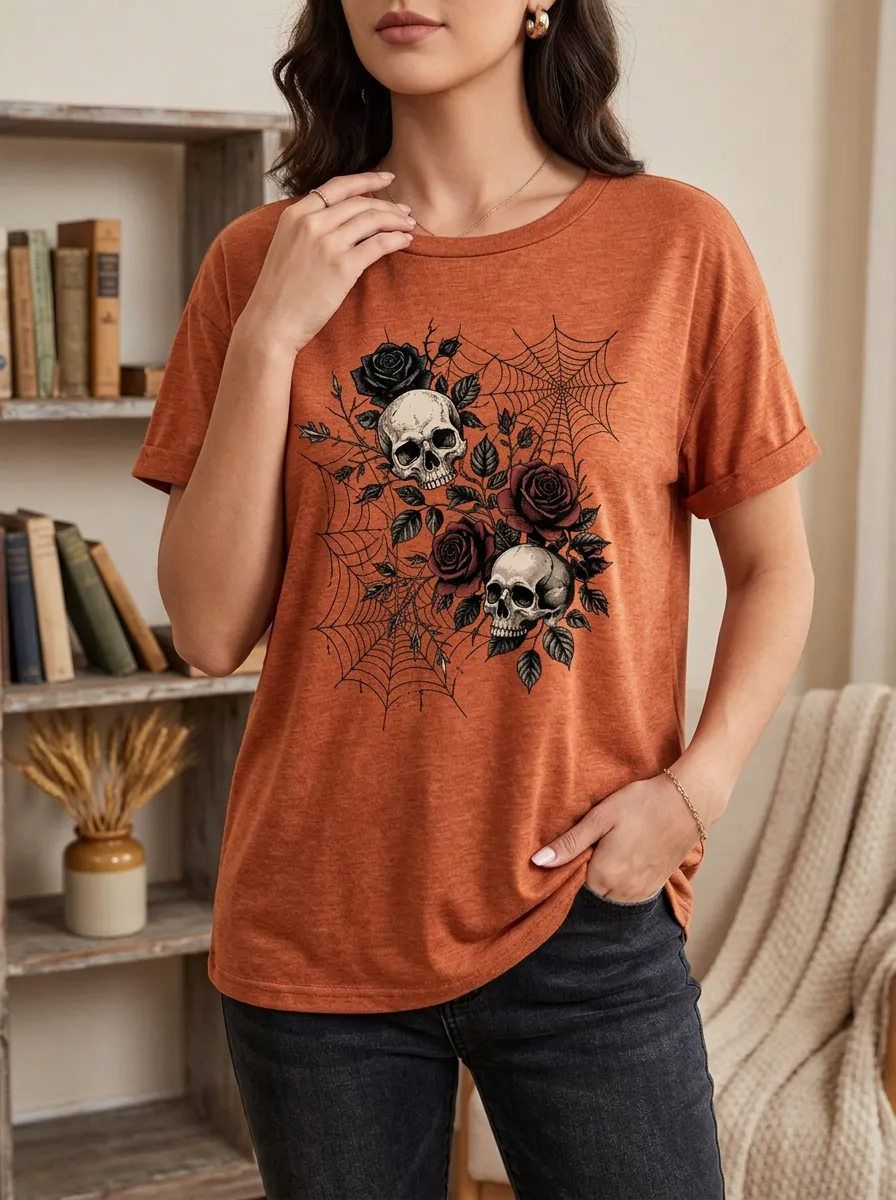 Women's Halloween Gothic Skull Rose Spiderweb Rolled Cuff Graphic T-Shirt