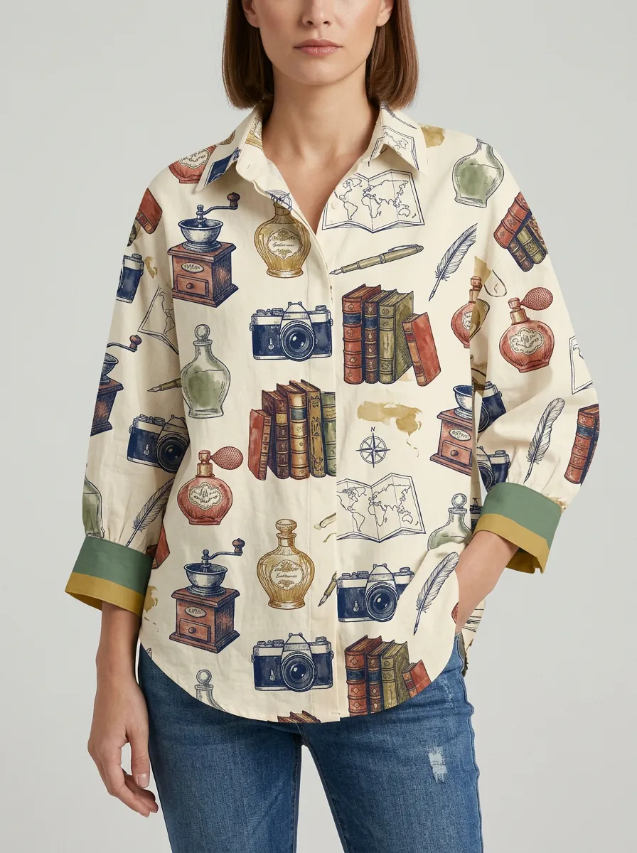 Women's Vintage Traveler Books Camera Printed Shirt