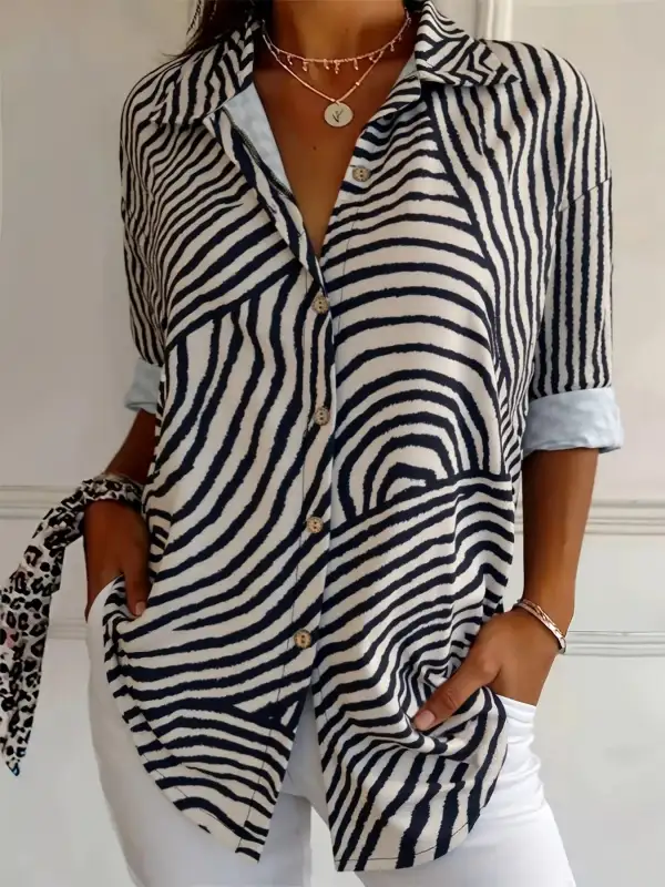 Plus Size Abstract Zebra Print Button Down Shirt