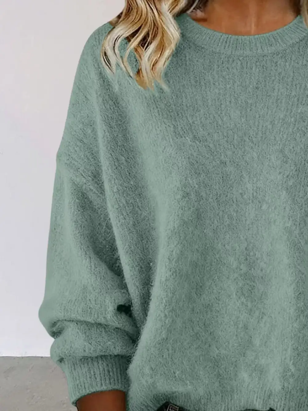 Full Size Round Neck Dropped Shoulder Sweater Plus Size