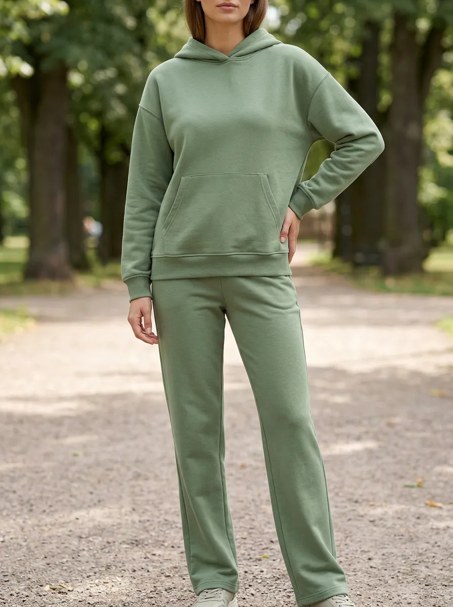 Women's Sage Green Pullover Hoodie and Straight-Leg Lounge Set