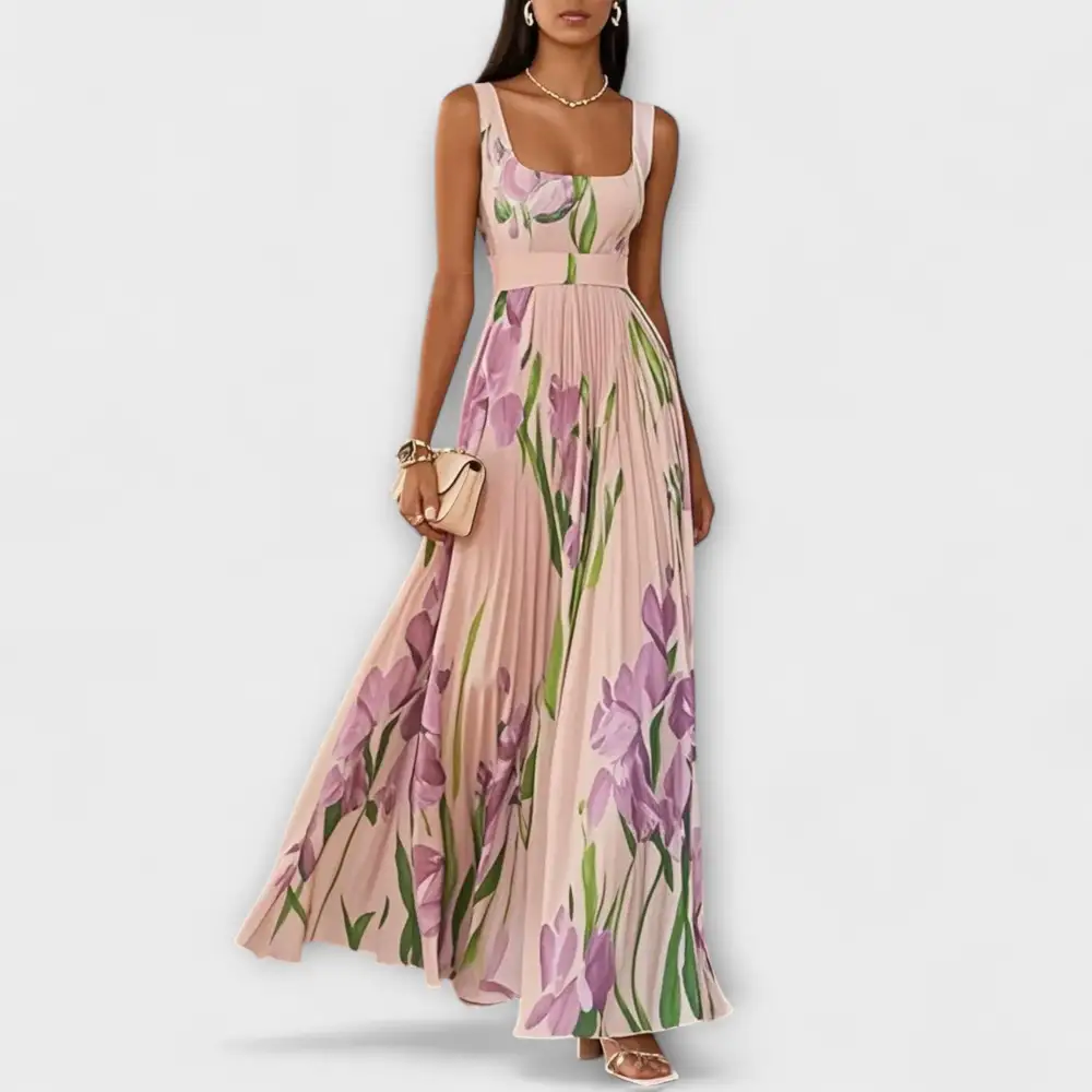 Floral Pleated Chiffon Maxi Dress