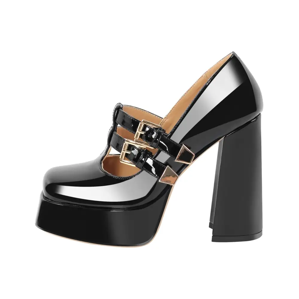 Modern Square Toe Platform Chunky Heel Buckle Strap Pumps