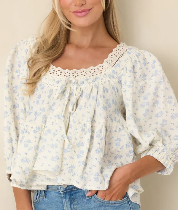 Short-Sleeve Cropped Scalloped Eyelet Blouse
