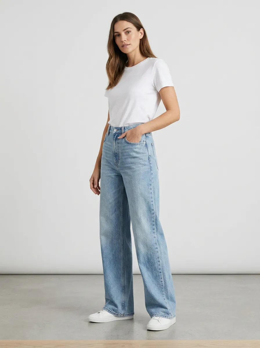 Wide-Leg Washed Denim Jeans