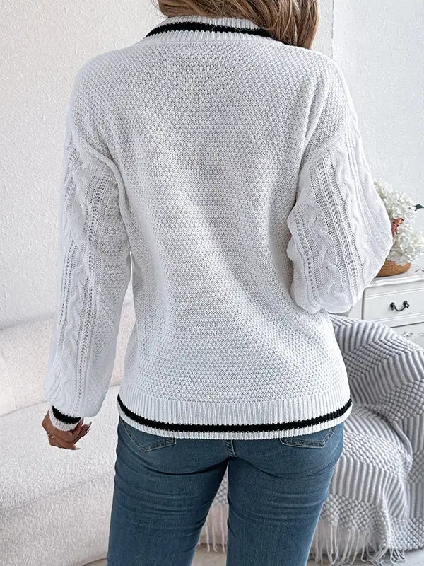 Cable Knit Paneled V-Neck Puff Sleeve Long Sleeve Knit Top