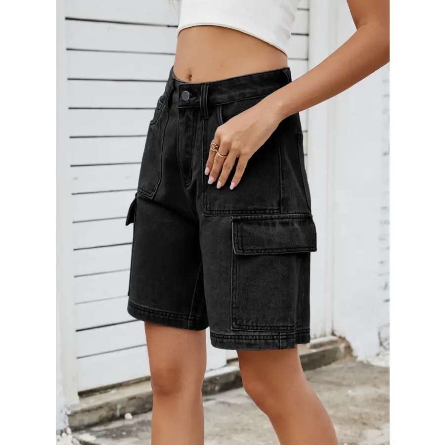 High Waist Pocketed Cargo Denim Shorts