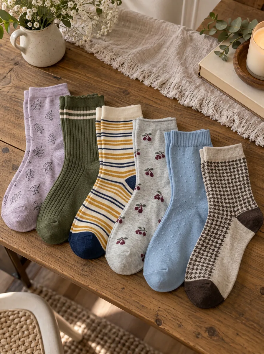 Women's Vintage Aesthetic Floral Striped Cherry Printed Socks Set