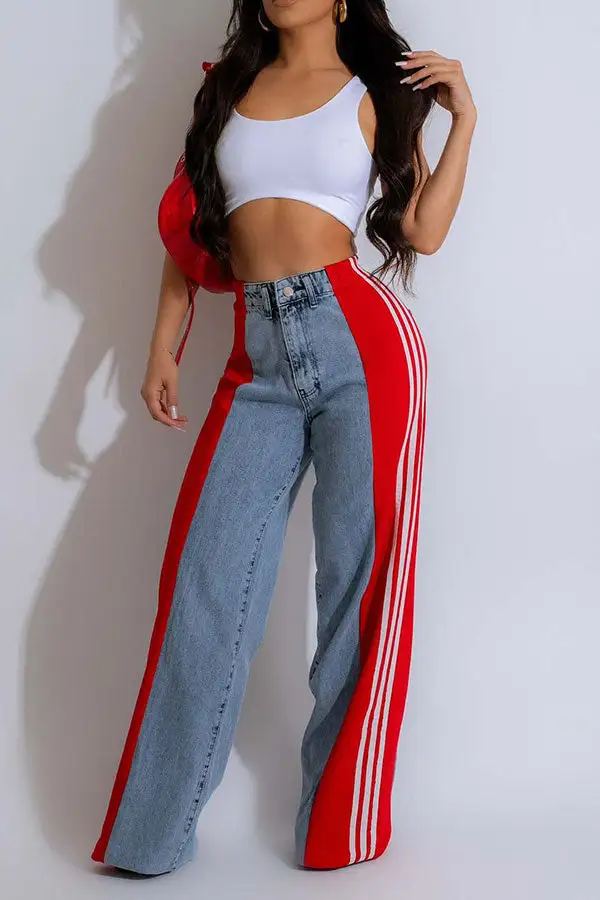 Colorblock Patchwork Washed Wide-Leg Jeans
