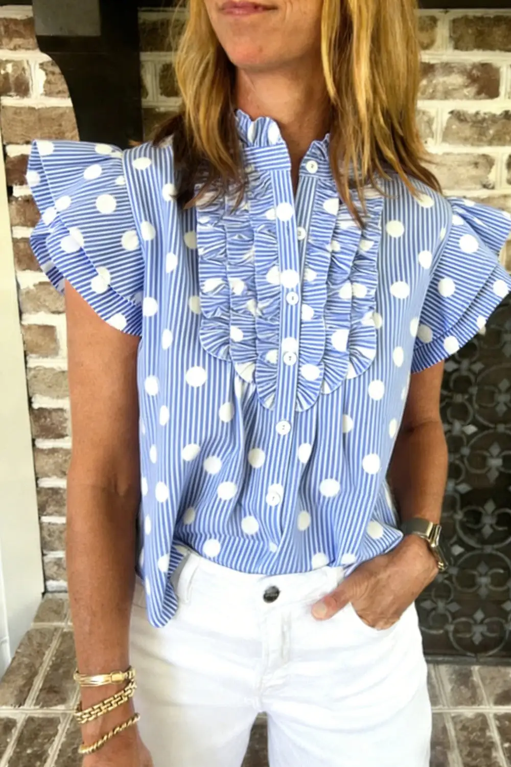 Striped Contrast Polka Dot Blouse