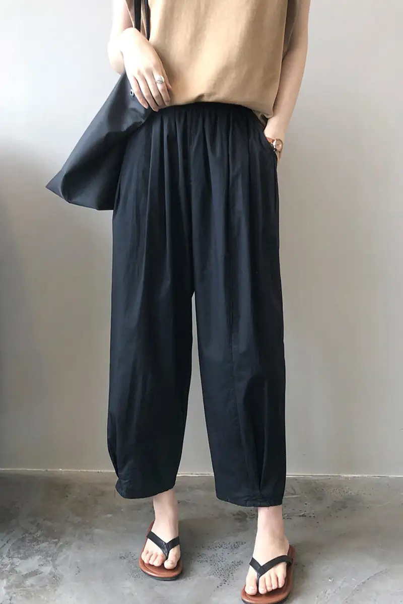 Refined Cotton Wide Leg Elastic Waist Pocketed Trousers