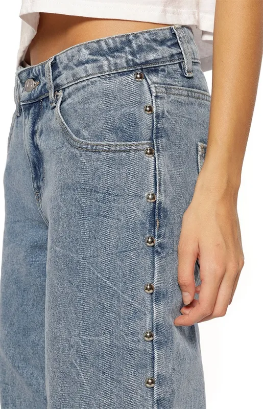 Mid-Wash Studded Baggy Jeans