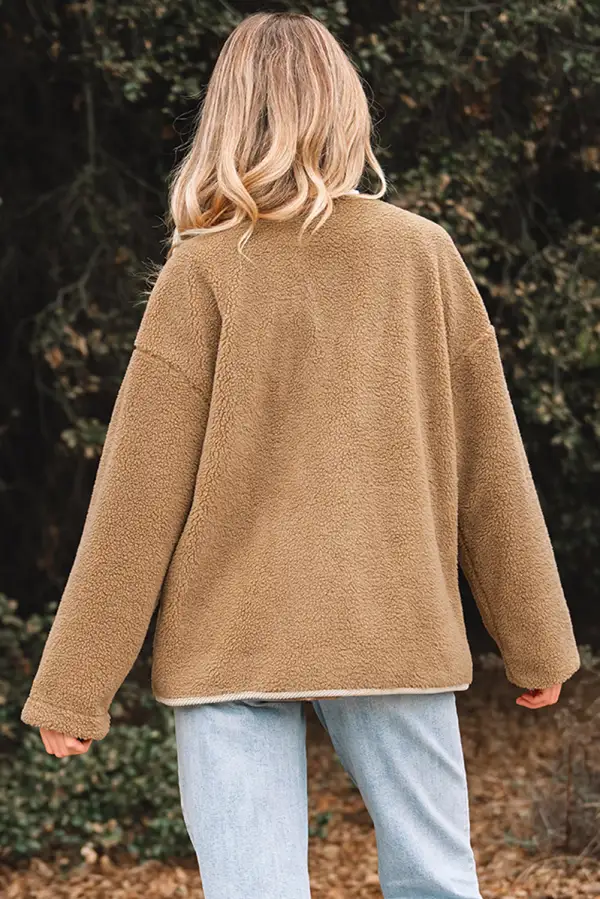 Women's Puffy Plush Corduroy Edge Patchwork Jacket With Big Pockets