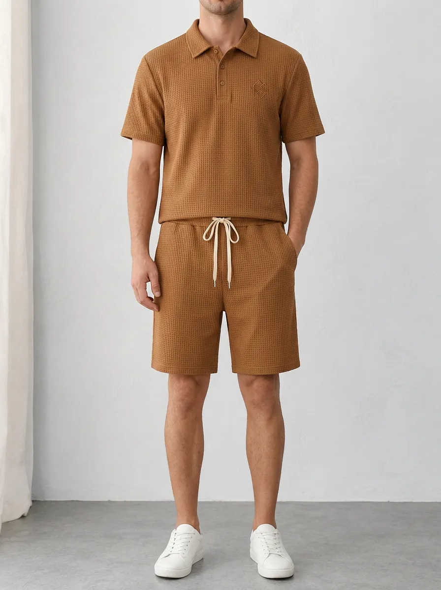 Men's Waffle Knit Brown Solid Color Polo Shirt