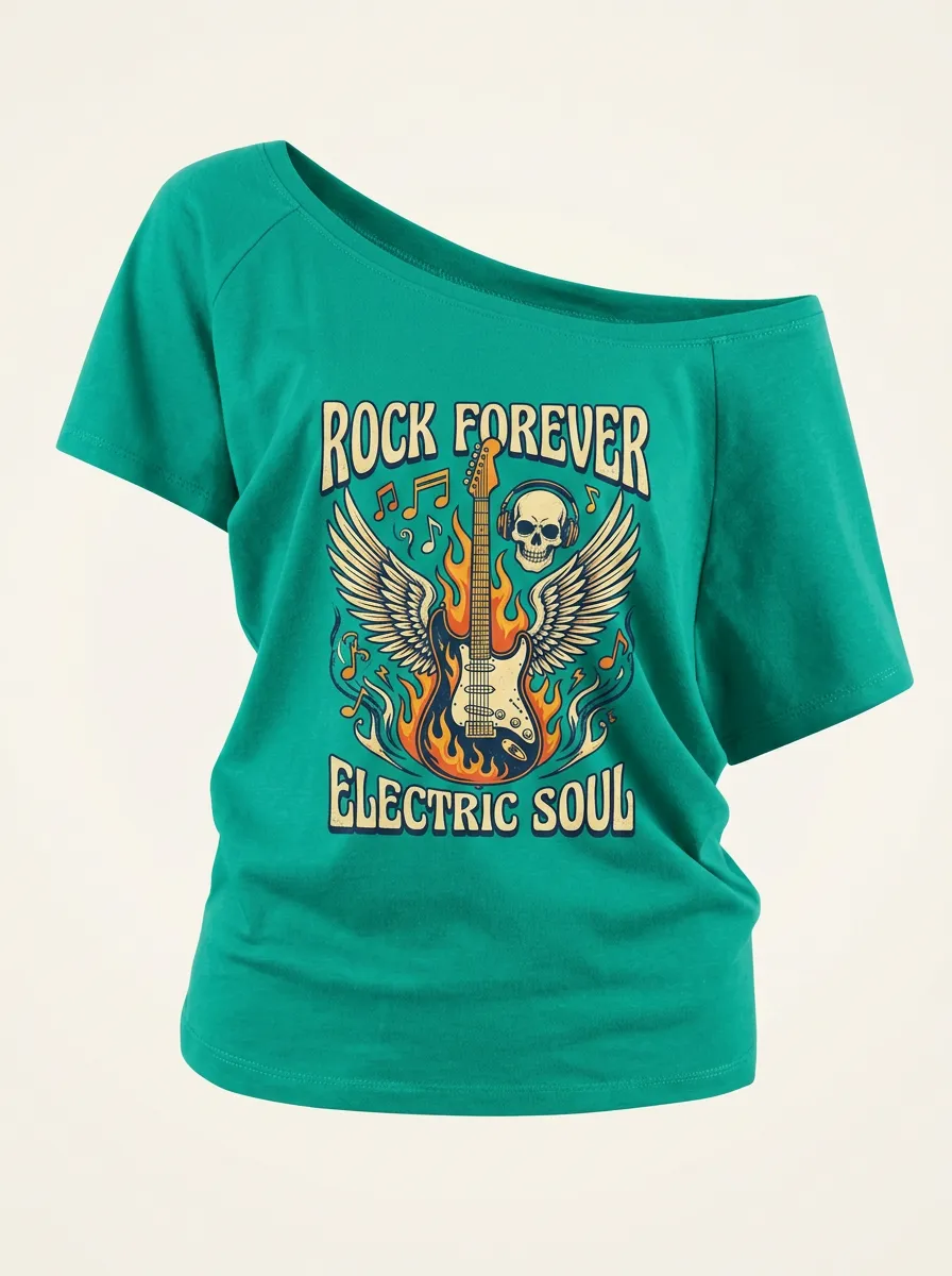 Women's Rock Music Lover Flaming Guitar Skull Printed T-shirt
