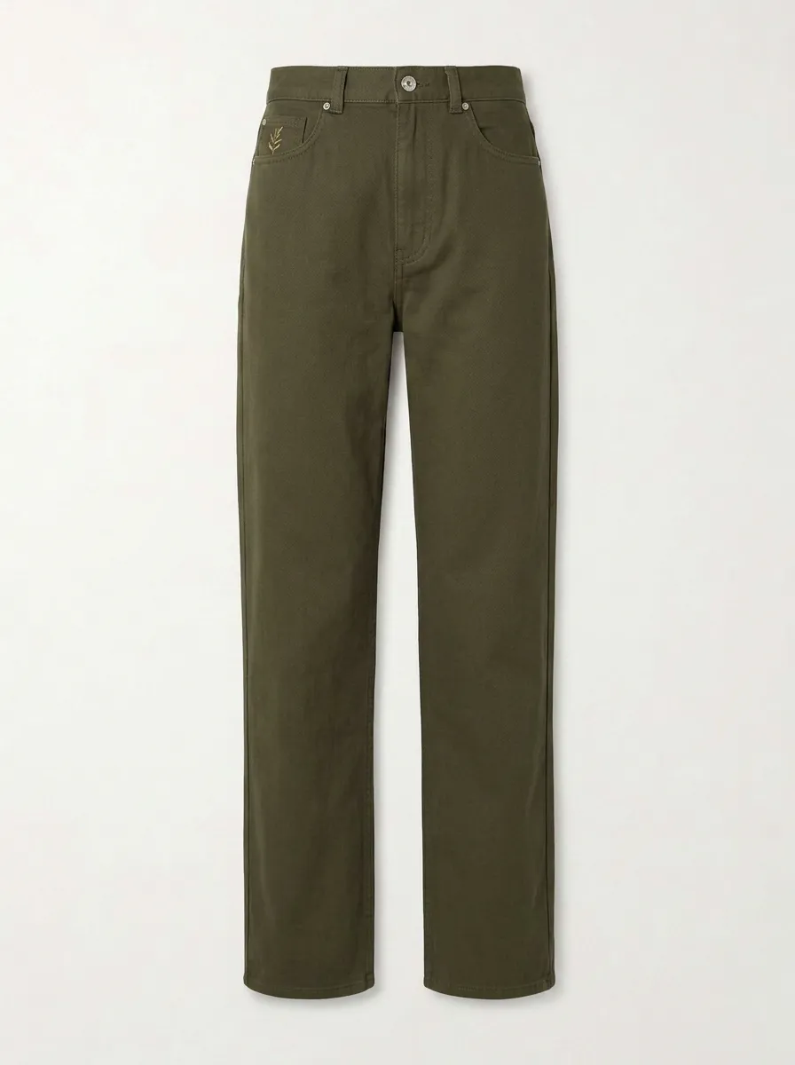 Women's Minimalist Olive Green Leaf Embroidered Mid-Rise Straight Leg Pants