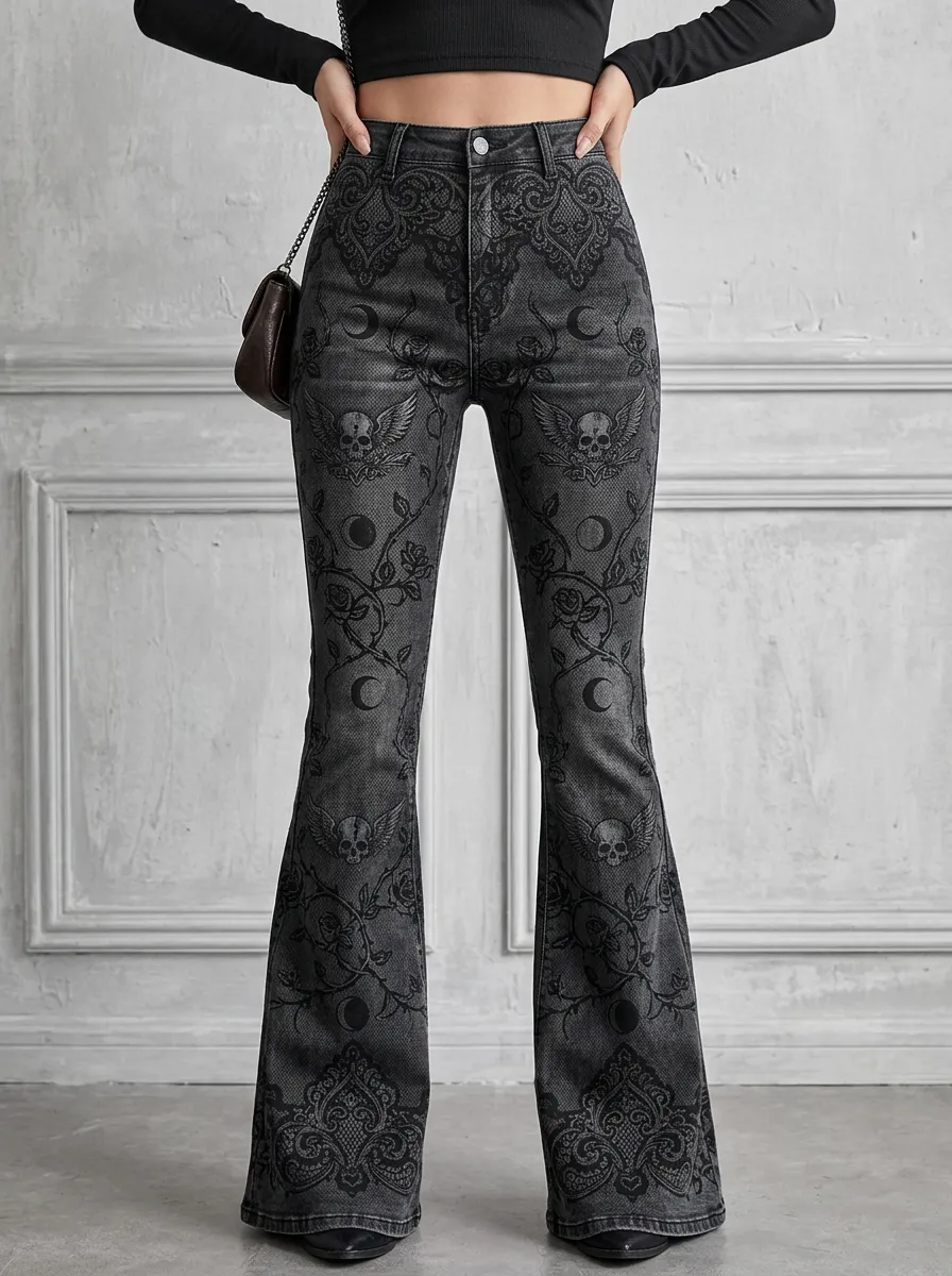 Shadow Skull Rose Moon Victorian Look Women's Gothic Flare Pants