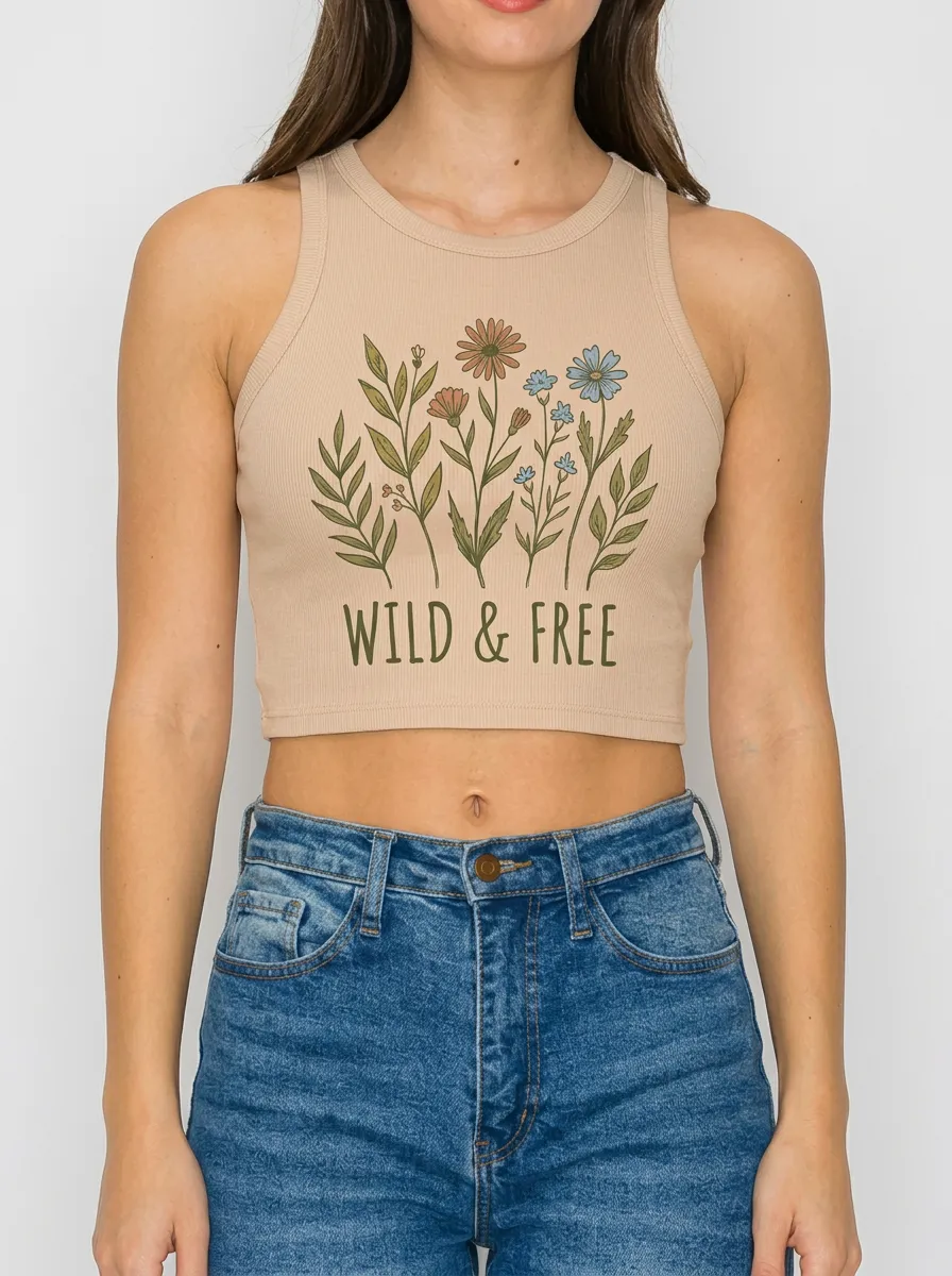 Women's Wild & Free Boho Flower Graphic Crop Tank Top