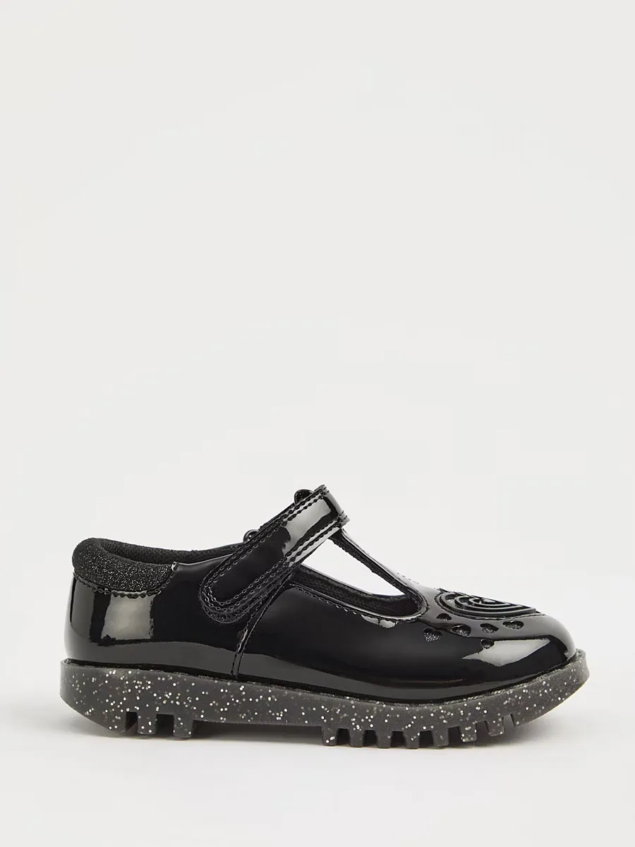 Black Patent Light Up Heart T-Bar School Shoes