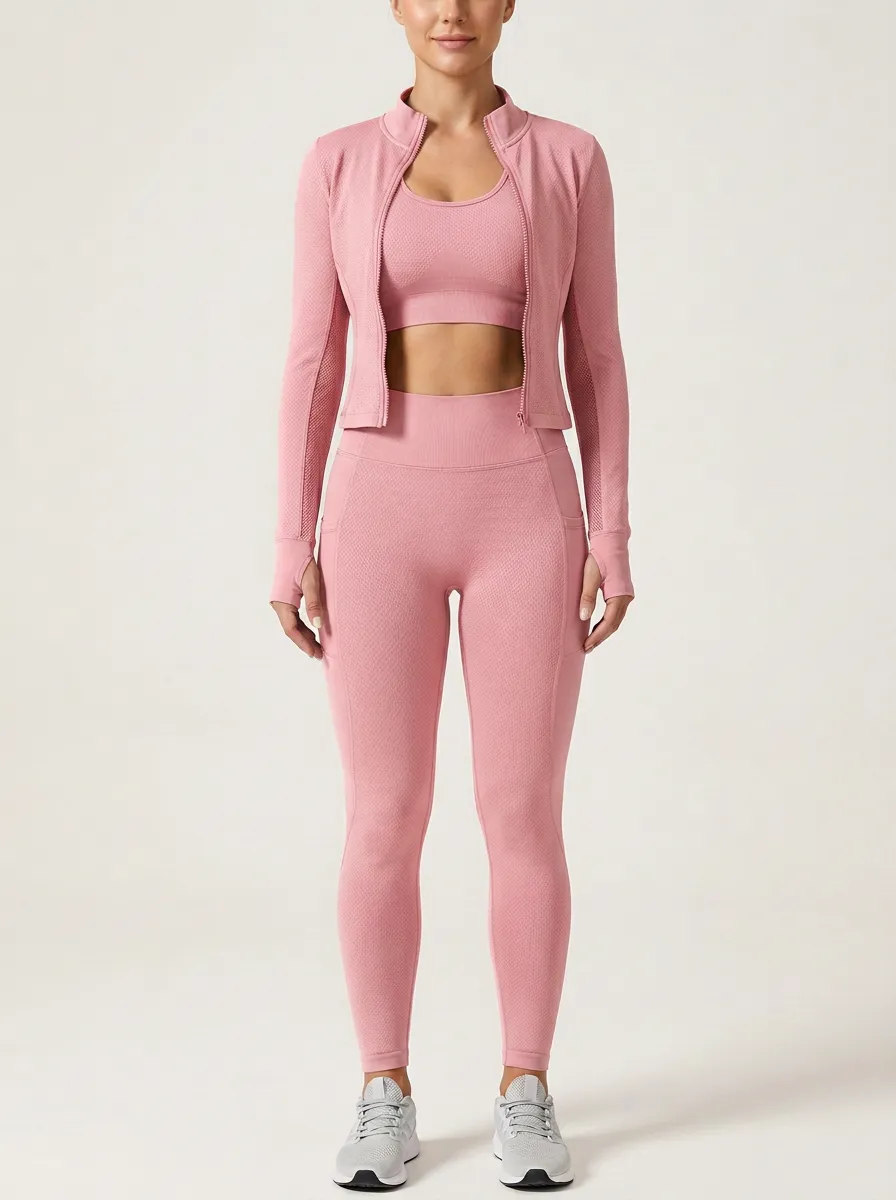 Urban Textured Detail Zip Detail Street Style Women's Three Piece Activewear Set