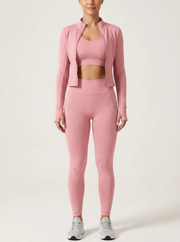Urban Textured Detail Zip Detail Street Style Women's Three Piece Activewear Set