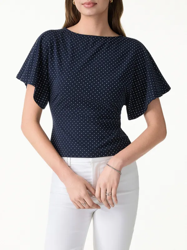 Soft Stretch Cotton Boatneck Flutter Sleeves Polka Dot Top