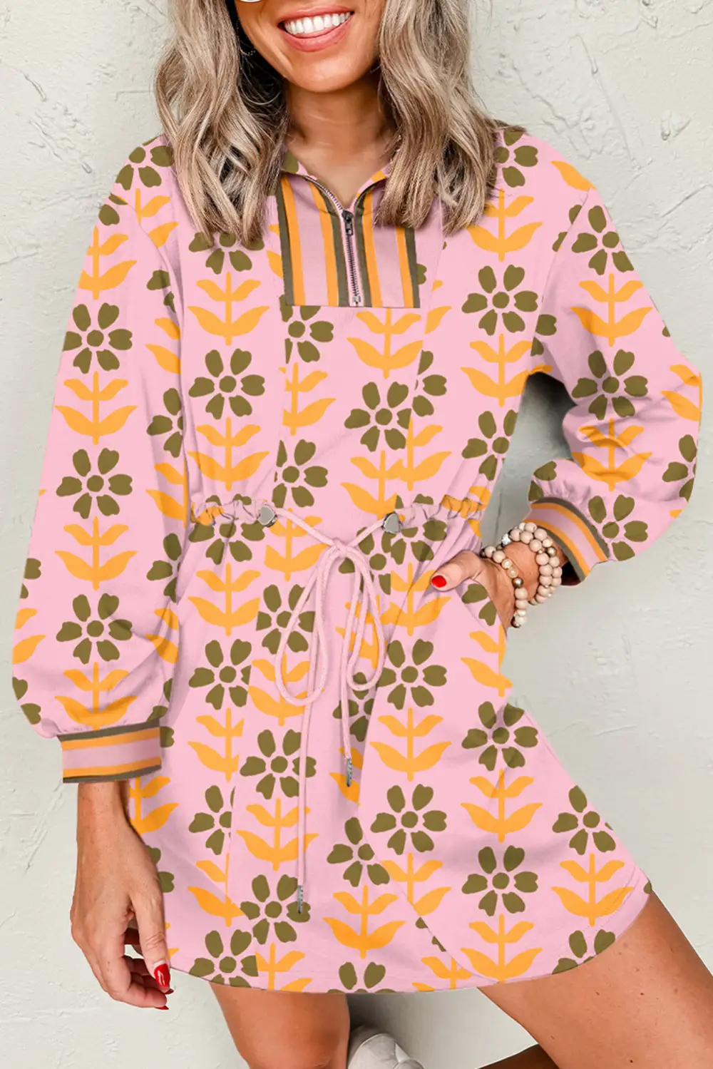 Floral Striped Zip Front Dress Casual