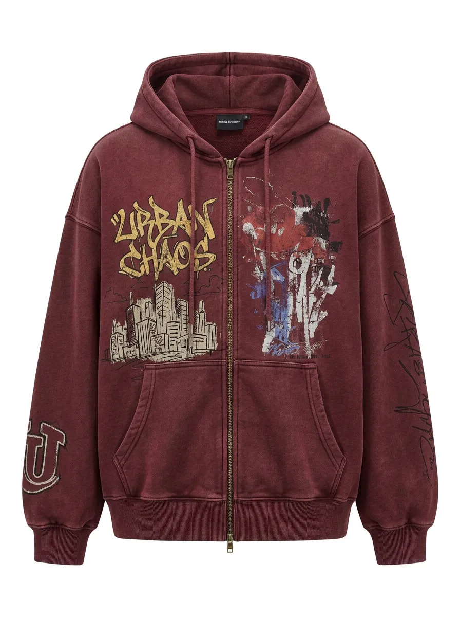 Unisex Streetwear Urban Chaos City Graffiti Printed Zip-up Hoodie