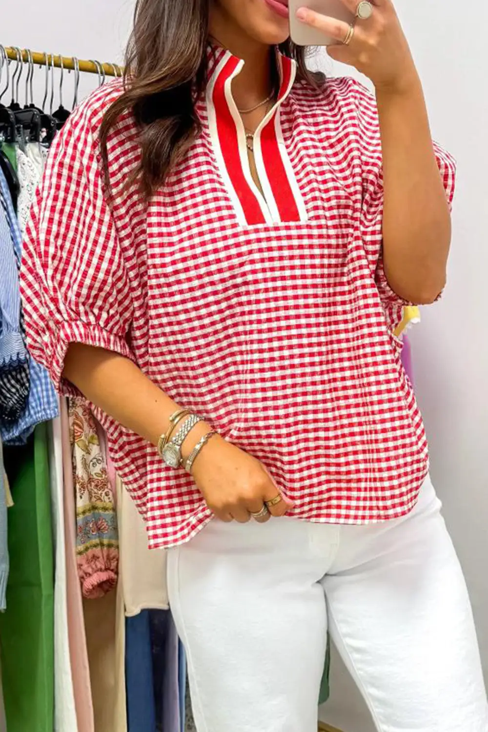 Gingham Sleeve Trim Neck Blouse