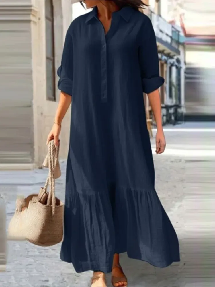 Long Sleeve Ruffled Linen Blend Maxi Dress